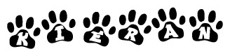 The image shows a series of animal paw prints arranged in a horizontal line. Each paw print contains a letter, and together they spell out the word Kieran.