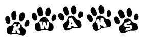 The image shows a series of animal paw prints arranged horizontally. Within each paw print, there's a letter; together they spell Kwams