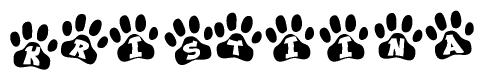 The image shows a series of animal paw prints arranged horizontally. Within each paw print, there's a letter; together they spell Kristiina