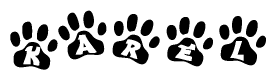 The image shows a series of animal paw prints arranged in a horizontal line. Each paw print contains a letter, and together they spell out the word Karel.