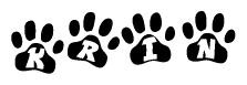 The image shows a series of animal paw prints arranged horizontally. Within each paw print, there's a letter; together they spell Krin