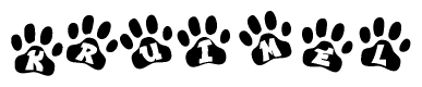 The image shows a row of animal paw prints, each containing a letter. The letters spell out the word Kruimel within the paw prints.