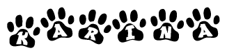 The image shows a series of animal paw prints arranged horizontally. Within each paw print, there's a letter; together they spell Karina