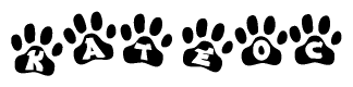 The image shows a row of animal paw prints, each containing a letter. The letters spell out the word Kateoc within the paw prints.