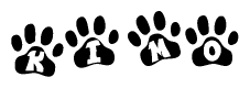 The image shows a row of animal paw prints, each containing a letter. The letters spell out the word Kimo within the paw prints.
