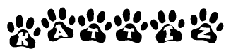 The image shows a series of animal paw prints arranged horizontally. Within each paw print, there's a letter; together they spell Kattiz