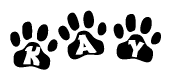 The image shows a series of animal paw prints arranged in a horizontal line. Each paw print contains a letter, and together they spell out the word Kay.