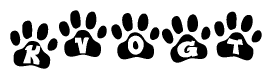 The image shows a series of animal paw prints arranged in a horizontal line. Each paw print contains a letter, and together they spell out the word Kvogt.