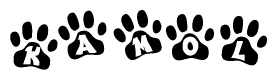 The image shows a series of animal paw prints arranged in a horizontal line. Each paw print contains a letter, and together they spell out the word Kamol.