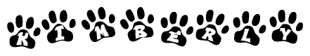 The image shows a series of animal paw prints arranged in a horizontal line. Each paw print contains a letter, and together they spell out the word Kimberly.