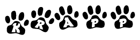 The image shows a series of animal paw prints arranged in a horizontal line. Each paw print contains a letter, and together they spell out the word Krapp.