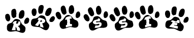 The image shows a series of animal paw prints arranged horizontally. Within each paw print, there's a letter; together they spell Krissie