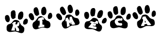 The image shows a row of animal paw prints, each containing a letter. The letters spell out the word Kimeca within the paw prints.