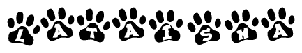The image shows a row of animal paw prints, each containing a letter. The letters spell out the word Lataisha within the paw prints.