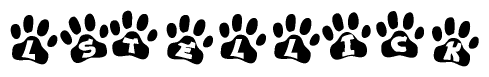 The image shows a series of animal paw prints arranged horizontally. Within each paw print, there's a letter; together they spell Lstellick