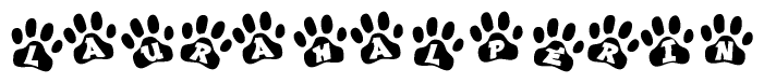 The image shows a series of animal paw prints arranged horizontally. Within each paw print, there's a letter; together they spell Laurahalperin