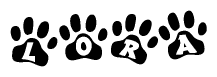The image shows a row of animal paw prints, each containing a letter. The letters spell out the word Lora within the paw prints.