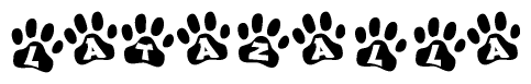 The image shows a row of animal paw prints, each containing a letter. The letters spell out the word Latazalla within the paw prints.