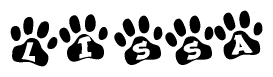 The image shows a series of animal paw prints arranged in a horizontal line. Each paw print contains a letter, and together they spell out the word Lissa.