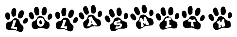 The image shows a series of animal paw prints arranged horizontally. Within each paw print, there's a letter; together they spell Lolasmith