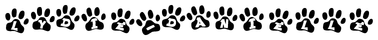 The image shows a row of animal paw prints, each containing a letter. The letters spell out the word Lydie-danielle within the paw prints.