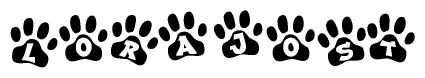 The image shows a row of animal paw prints, each containing a letter. The letters spell out the word Lorajost within the paw prints.