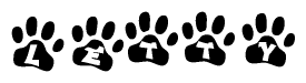 The image shows a series of animal paw prints arranged horizontally. Within each paw print, there's a letter; together they spell Letty