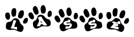 The image shows a series of animal paw prints arranged in a horizontal line. Each paw print contains a letter, and together they spell out the word Lasse.