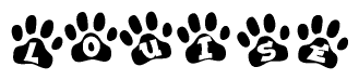 The image shows a series of animal paw prints arranged horizontally. Within each paw print, there's a letter; together they spell Louise