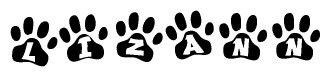 The image shows a series of animal paw prints arranged horizontally. Within each paw print, there's a letter; together they spell Lizann