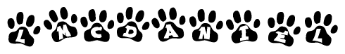 The image shows a series of animal paw prints arranged in a horizontal line. Each paw print contains a letter, and together they spell out the word Lmcdaniel.