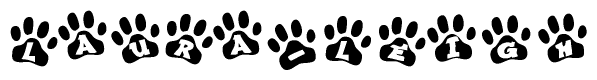 The image shows a row of animal paw prints, each containing a letter. The letters spell out the word Laura-leigh within the paw prints.