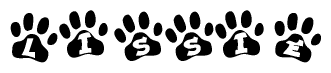 The image shows a row of animal paw prints, each containing a letter. The letters spell out the word Lissie within the paw prints.