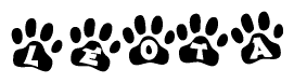 The image shows a row of animal paw prints, each containing a letter. The letters spell out the word Leota within the paw prints.