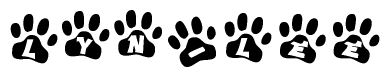 The image shows a row of animal paw prints, each containing a letter. The letters spell out the word Lyn-lee within the paw prints.