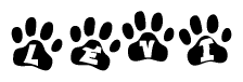 The image shows a series of animal paw prints arranged in a horizontal line. Each paw print contains a letter, and together they spell out the word Levi.