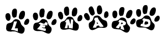 The image shows a series of animal paw prints arranged horizontally. Within each paw print, there's a letter; together they spell Lenard
