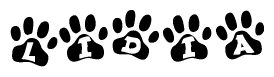 The image shows a series of animal paw prints arranged horizontally. Within each paw print, there's a letter; together they spell Lidia