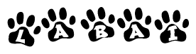 The image shows a series of animal paw prints arranged in a horizontal line. Each paw print contains a letter, and together they spell out the word Labai.