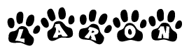 The image shows a row of animal paw prints, each containing a letter. The letters spell out the word Laron within the paw prints.