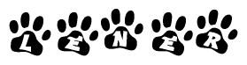The image shows a row of animal paw prints, each containing a letter. The letters spell out the word Lener within the paw prints.