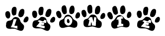 The image shows a row of animal paw prints, each containing a letter. The letters spell out the word Leonie within the paw prints.
