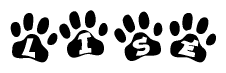 The image shows a row of animal paw prints, each containing a letter. The letters spell out the word Lise within the paw prints.