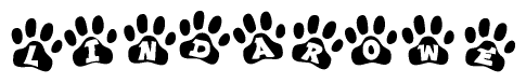 The image shows a series of animal paw prints arranged in a horizontal line. Each paw print contains a letter, and together they spell out the word Lindarowe.