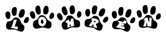 The image shows a series of animal paw prints arranged in a horizontal line. Each paw print contains a letter, and together they spell out the word Lohren.