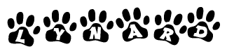 The image shows a series of animal paw prints arranged in a horizontal line. Each paw print contains a letter, and together they spell out the word Lynard.