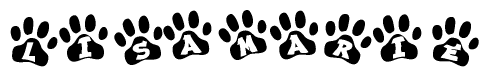 The image shows a series of animal paw prints arranged in a horizontal line. Each paw print contains a letter, and together they spell out the word Lisamarie.