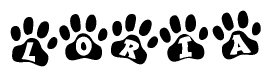 The image shows a series of animal paw prints arranged horizontally. Within each paw print, there's a letter; together they spell Loria