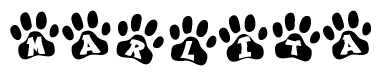 The image shows a series of animal paw prints arranged horizontally. Within each paw print, there's a letter; together they spell Marlita