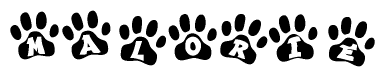 The image shows a row of animal paw prints, each containing a letter. The letters spell out the word Malorie within the paw prints.